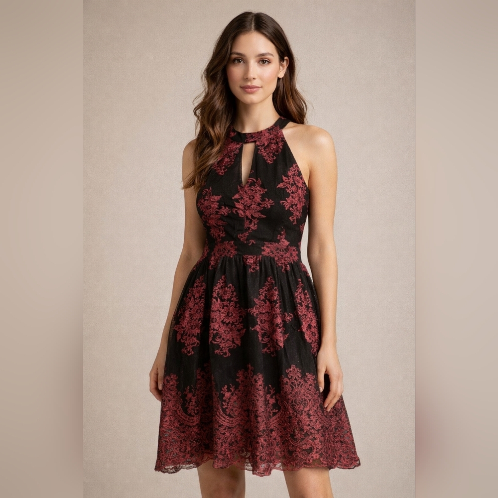 Altar'd State Black Dress with Red Floral Lace